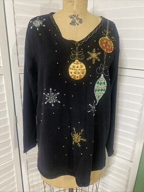 NWT Quacker Factory 1X Christmas Black Sweater Sequins Ornaments Jewels Women’s